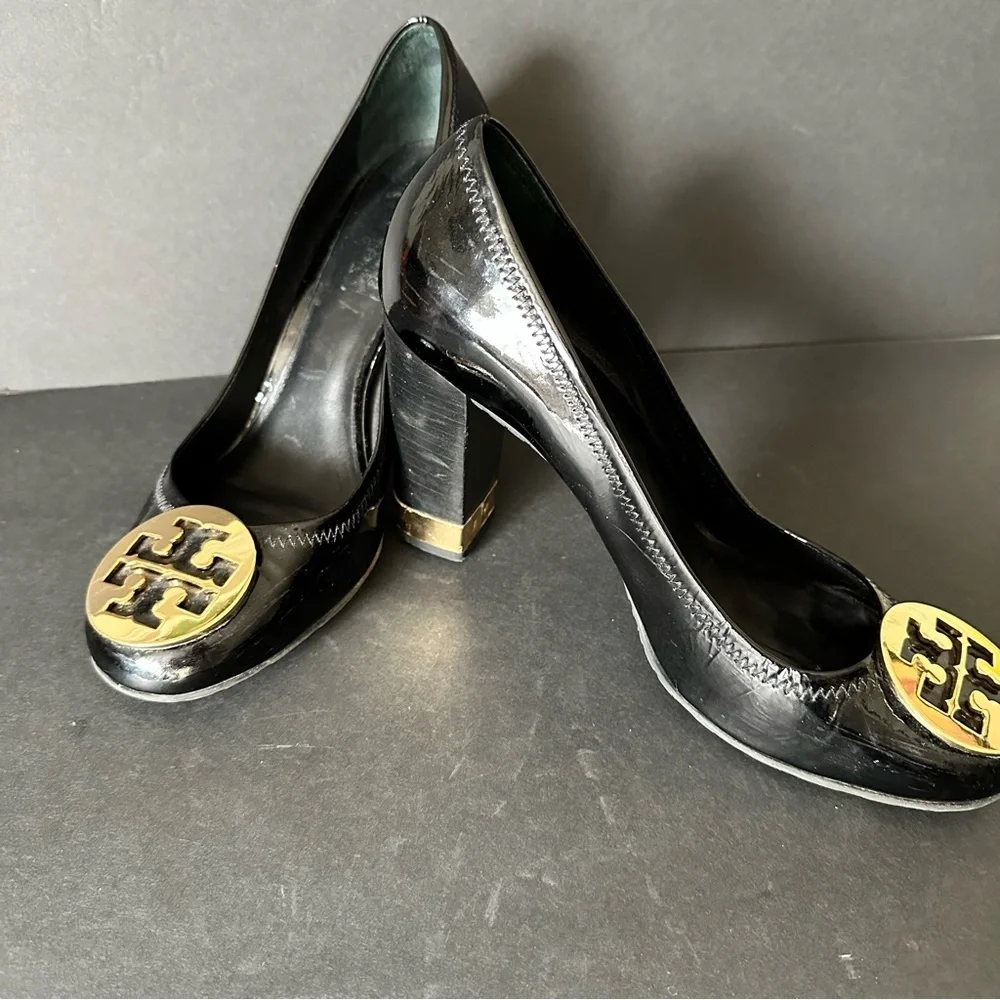 Tory Burch Patent Black Leather Maddie Block Heel Pumps Size 9.5